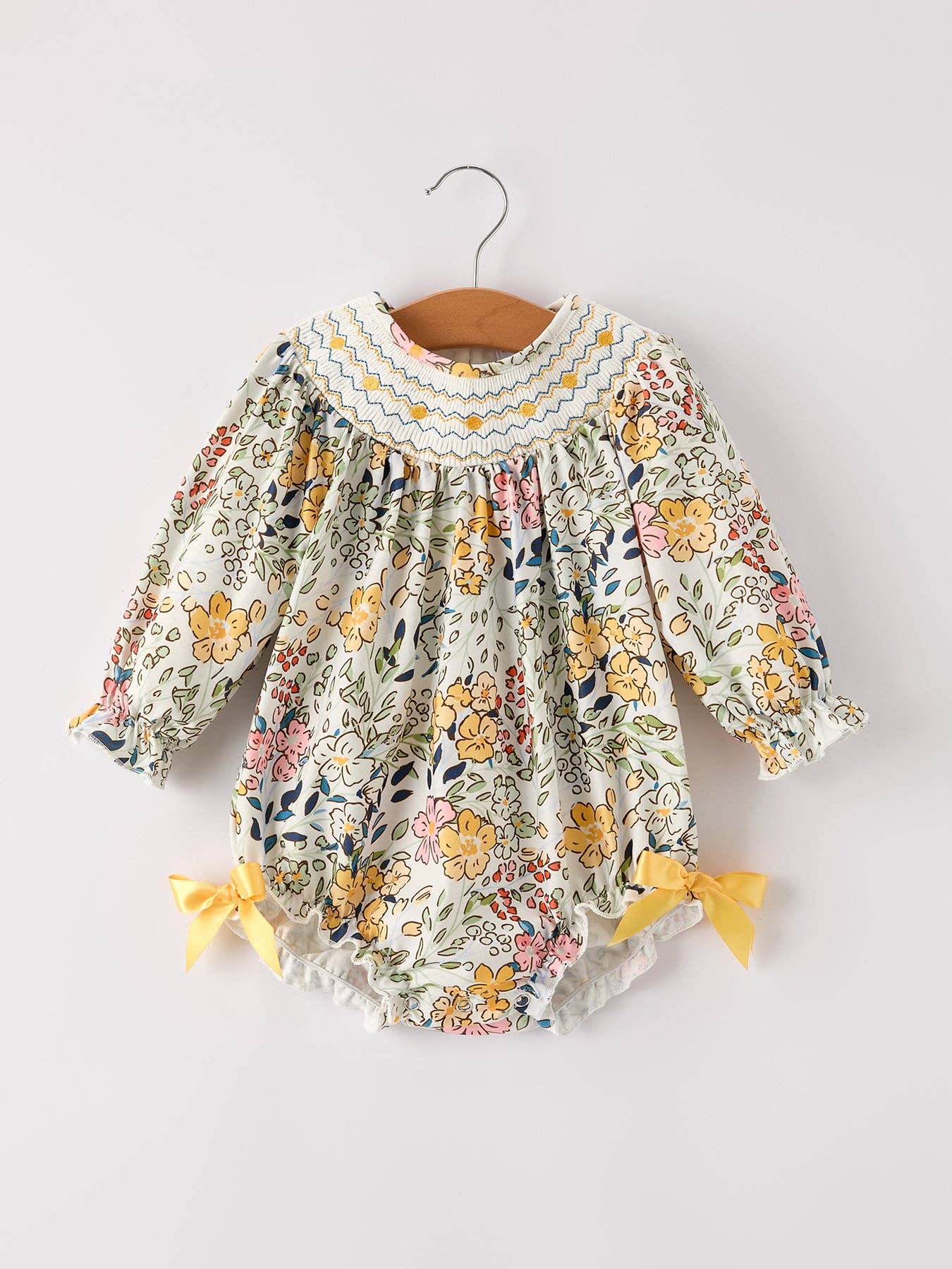 Fall Embroidery Smocking Bow Floral Leaf Romper