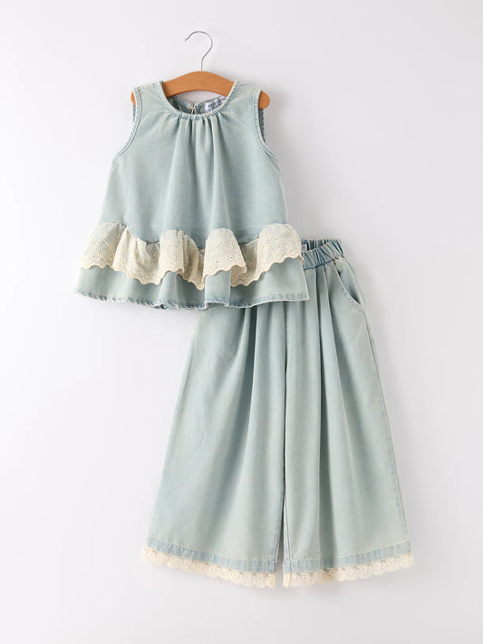 Denim & Lace Cropped Pant Set