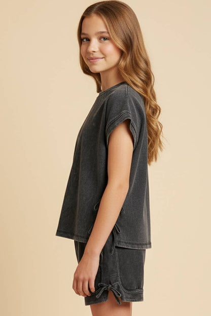 Garment Washed Bow Shirt Set