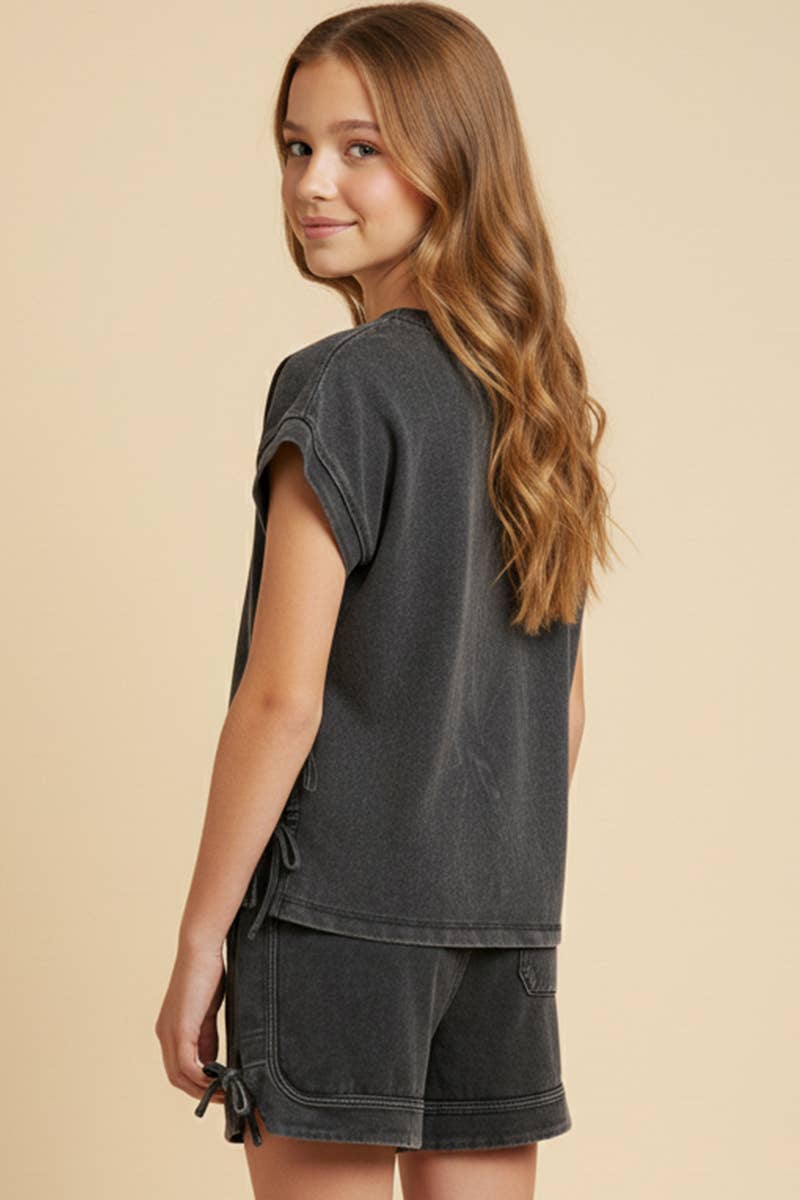 Garment Washed Bow Shirt Set