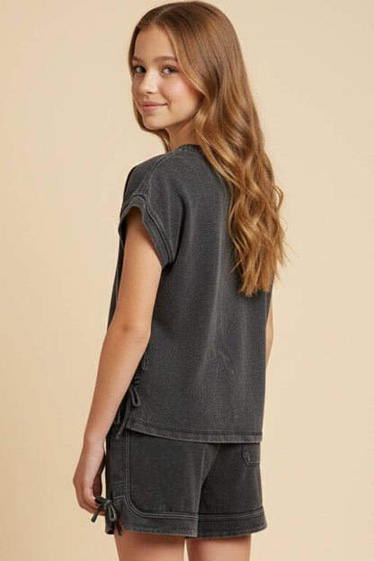 Garment Washed Bow Shirt Set