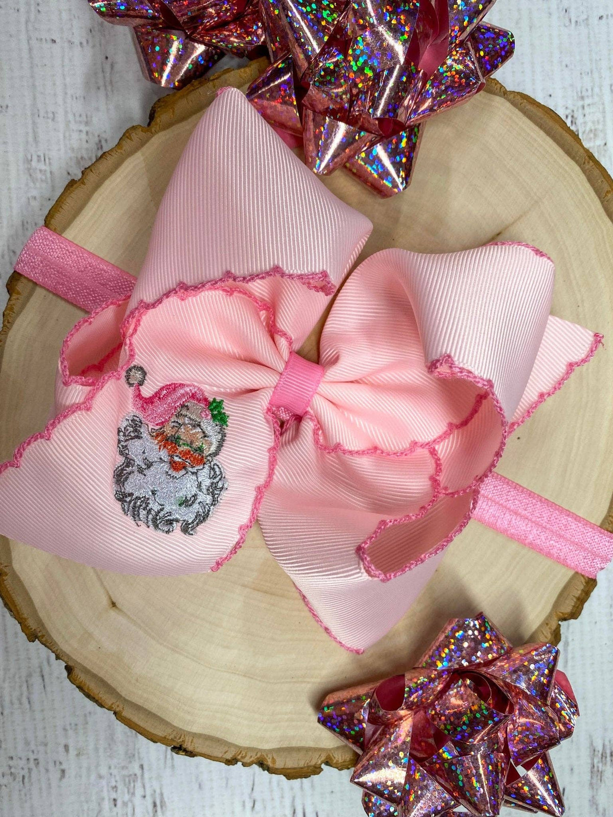 Pink Santa Embroidered Hair Bow