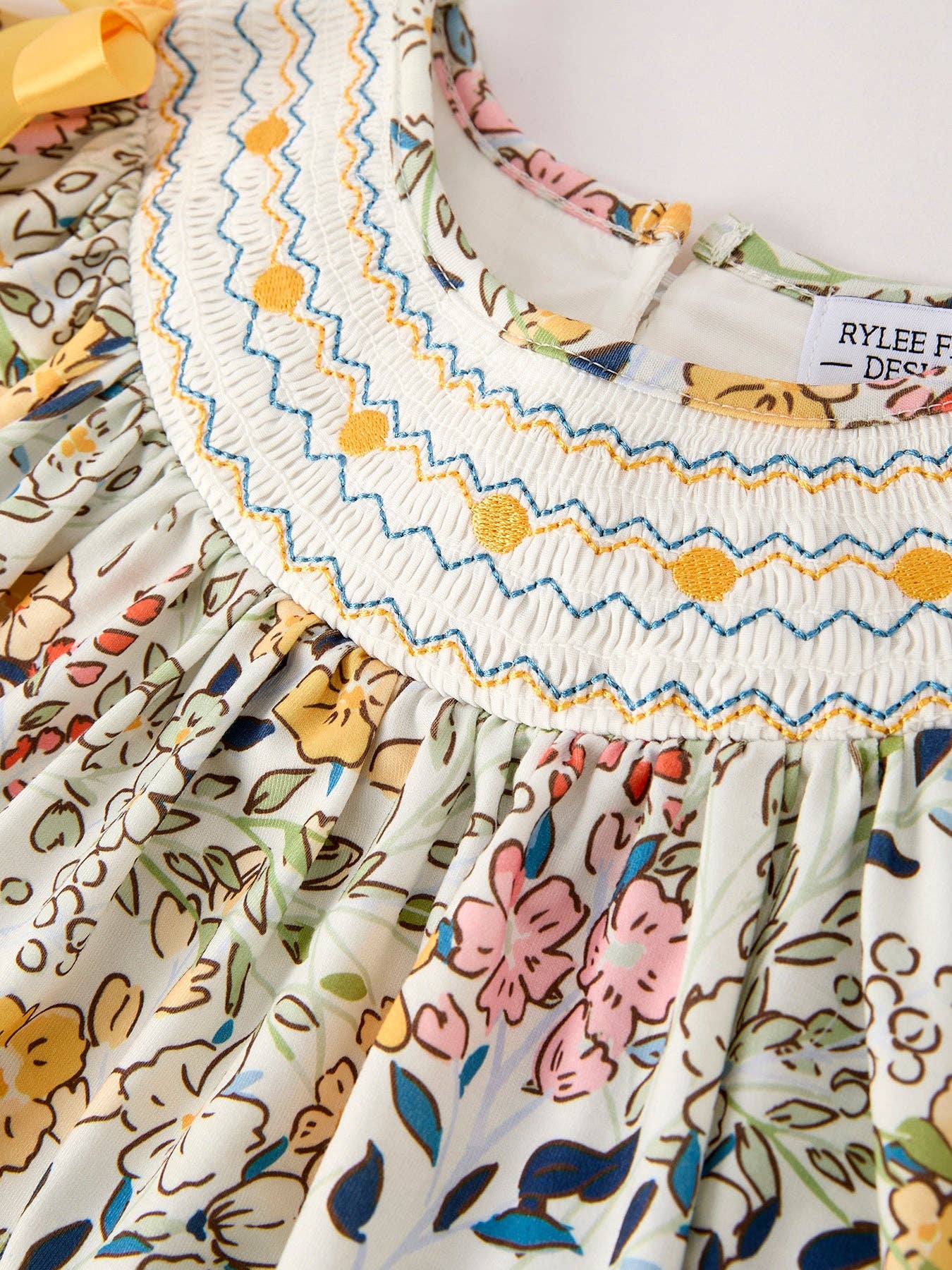 Fall Embroidery Smocking Bow Floral Leaf Dress