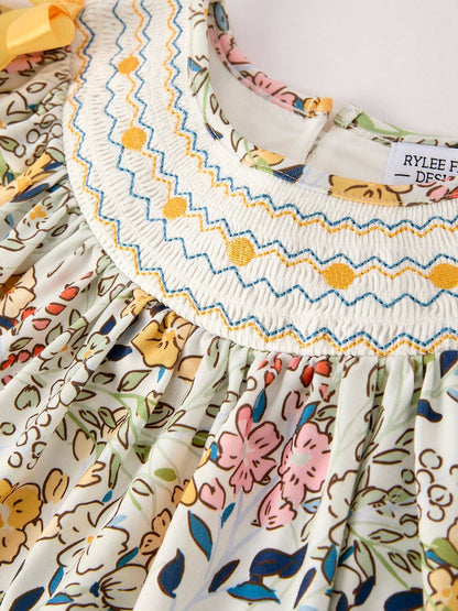 Fall Embroidery Smocking Bow Floral Leaf Dress