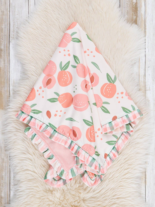 Peaches & Green Gingham Minky Ruffle Blanket