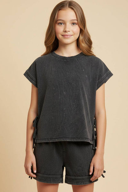 Garment Washed Bow Shirt Set
