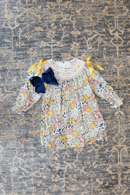 Fall Embroidery Smocking Bow Floral Leaf Dress