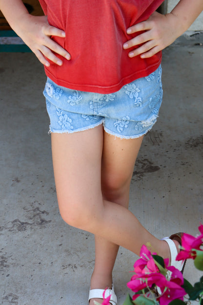 Distressed Floral Denim Shorts
