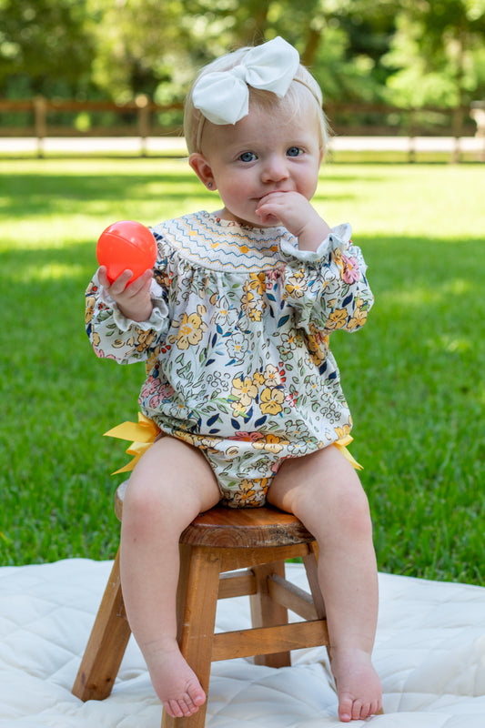 Fall Embroidery Smocking Bow Floral Leaf Romper