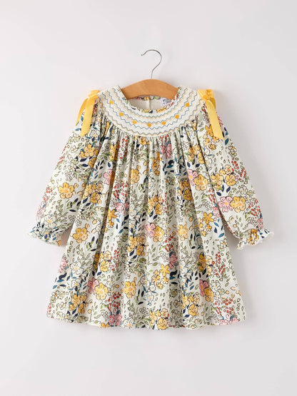 Fall Embroidery Smocking Bow Floral Leaf Dress