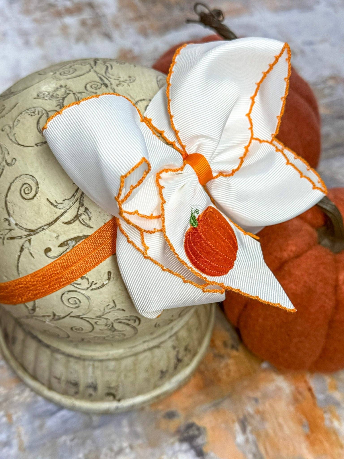 Pumpkin Embroidered Moonstitch Hair Bow
