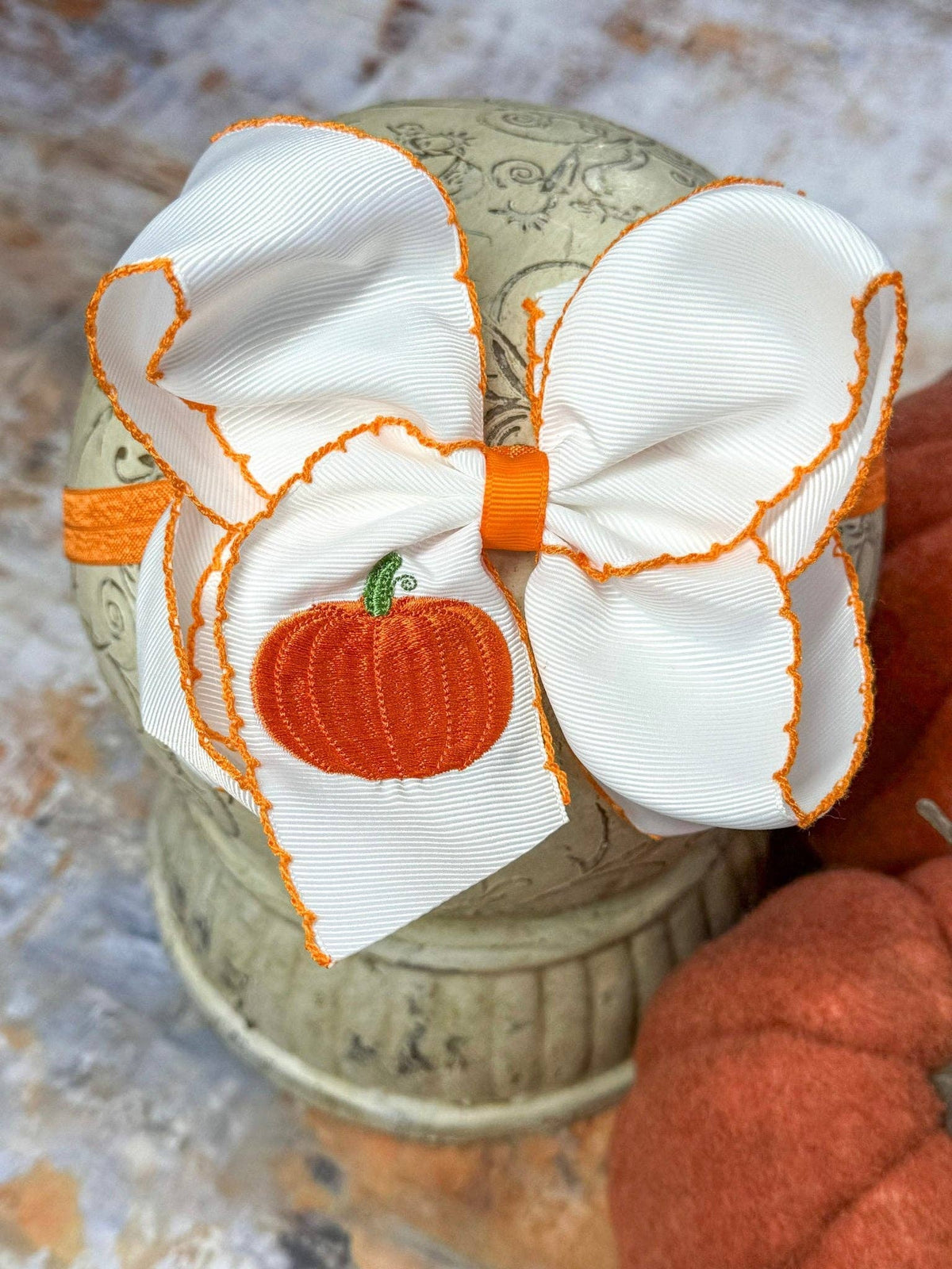 Pumpkin Embroidered Moonstitch Hair Bow