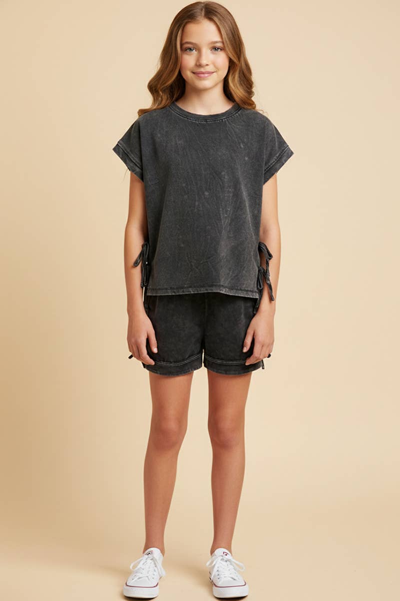 Garment Washed Bow Shirt Set