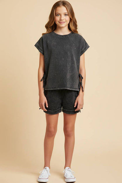 Garment Washed Bow Shirt Set