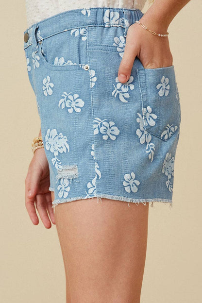 Distressed Floral Denim Shorts
